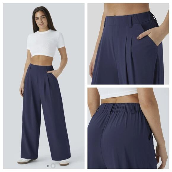 Halara Breezeful High Waisted Wide Leg Flowy Palazzo Casual Pants Navy Size L - Picture 2 of 8